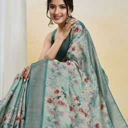 Ethnielle Floral Printed Zari Border Tissue Mysore Silk Saree-image-10