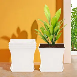 Kuber Industries 4-Pcs White Premium Flower Pots for Garden withBottomPlates-10