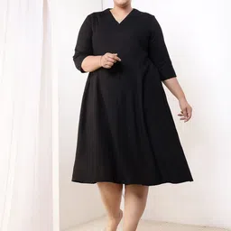 Amydus Women Plus Size Black Cotton Linen Midi Dress-picture-30