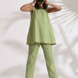 trueBrowns Green Slub Round Neck Co-ord Set-image-0