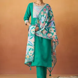 KALINI Women Ethnic Motifs Yoke Design Regular Sequinned Kurta with Trousers & With Dupatta-9