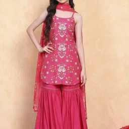 Biba Girls Floral Embroidered Kurta with Sharara & Dupatta-image-29