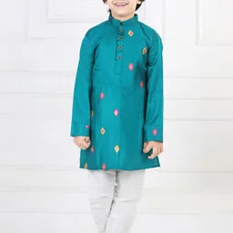 Here&Now X Kinder Kids Boys Ethnic Motifs Embroidered Regular Thread Work Pure Cotton Kurta with Pyjamas-53