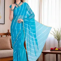TRAQUILA Leheriya Printed Zari Pure Chiffon Saree with Unstitched Blouse-picture-42