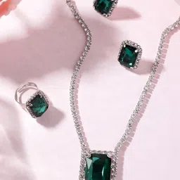 ORANGENYSHA Rhodium Plated Crystal American Diamond Gemstone-Studded Jewelry Set-2