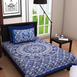 POORAK Blue & White Ethnic Motifs 104 TC Single Cotton Bedsheet Set 2.74 m x 2.74 m-image-44