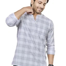 Authentics Checked Band Collar Long Sleeves Pure Cotton Short Kurta-image-2