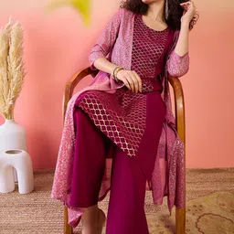 Sangria Geometric Printed Round Neck Straight Kurta With Trousers & Jacket-picture-15
