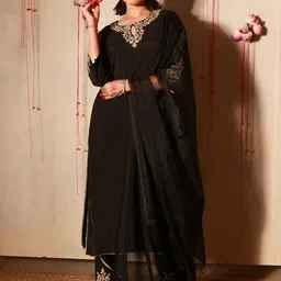 Sangria Black Floral Embroidered Poly Chanderi Straight Kurta With Trousers & Dupatta-55