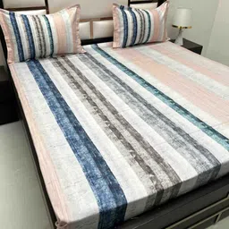 Pure Decor Peach-Coloured & Navy Blue 300 TC King Bedsheet with 2 Pillow Covers-image-69