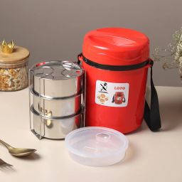 RED STEEL LUNCH BOX WITH 3 CONTAINER 3 Containers Lunch Box-image-39
