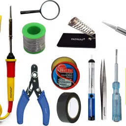Basic Complete Part Type-12 Soldering Iron Kit | Wire Cutter | Stand | Solder Wire | Tweezer | Soldering Flux | Soldering Bit | Tester| Desoldering Pump | Magnifying Glass | Electric Tape | 2IN1 Screw Driver | Soldering Iron 25 W Simple-13