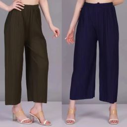 Pack of 2 Women Regular Fit Blue, Green Viscose Rayon Trousers-image-22
