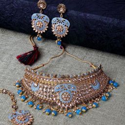 Anouk Blue Gold-Plated Artificial Stones & Beads Beaded Chokar With Earrings & Maang Tika-57