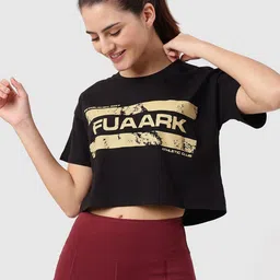 FUAARK Women Typography Printed Pure Cotton Anti Odour Training or Gym Cropped T-shirt-image-11