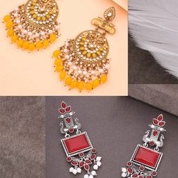 Anouk Set Of 2 Artificial Stones Studded and Beaded Drop Earrings image 2