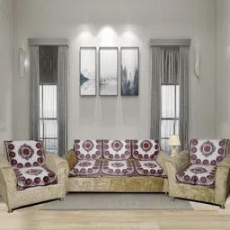 Aura Cream-Colored & Maroon 6 Pieces Floral Printed 5 Seater Sofa Covers-12