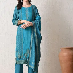 HARIKS Women Bandhani Print Regular Sequinned Pure Silk Kurta with Trousers & Dupatta-picture-16