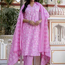 Kohsh Floral Printed V Neck Mirror Work Pure Cotton Kurta With Trousers & Dupatta-14