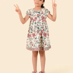 Fabindia Offwhite Cotton Hand Block Floral Print A-Line Dress-4