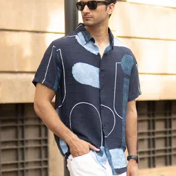 Powerlook Men Navy Abstract Structure Print Shirt image 5