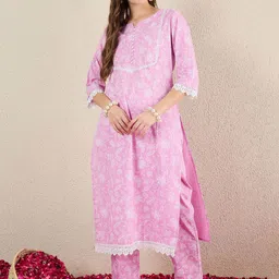 Indo Era Women Floral Printed Cotton Kurta with Trousers-54