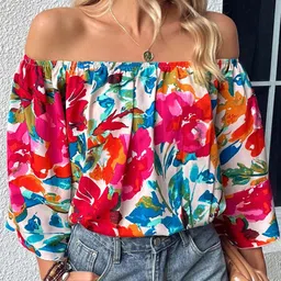 StyleCast White Floral Print Off-Shoulder Flared Sleeves Top-picture-17