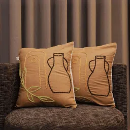 LUSHLYF Beige & Green Set of 2 Abstract Square Cushion Covers-1
