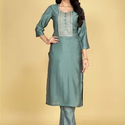 BANJANAN Women Silk Blend Embroidered Kurta Sets-picture-45