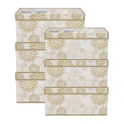 Aura White & Gold-Toned 6 Pieces Floral Printed Drawer Organisers With Transparent Lid-28