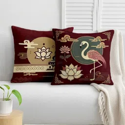 STITCHNEST Maroon & Beige 2 Pieces Floral Satin Square Cushion Covers-15
