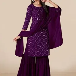 PARROT CREATION Geometric Embroidered Georgette Straight Kurta With Sharara & Dupatta-image-28