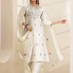 Libas Floral Embroidered Thread Work Straight Kurta with Trouser & Dupatta-54