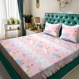 Aura Pink & White Cartoon Characters Printed 300TC Double King Bedsheet Set-2.5 m x 2.15 m-image-87