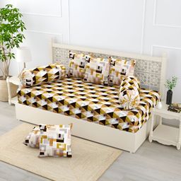 Salona Bichona Yellow & White 8 Pieces Geometric Printed Pure Cotton Diwan Set-31