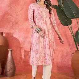Sangria Floral Printed V-Neck Straight Kurta-picture-27
