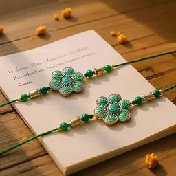 LUCKY JEWELLERY Unisex Set Of 2 Silver-Plated Beaded Studded Rakhi With Greeting Card-image-10