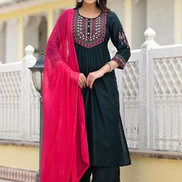 Juniper Geometric Embroidered Regular Thread Work Anarkali Kurta with Trousers & Dupatta-image-96