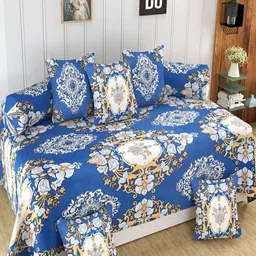 Aura Blue & White 8 Pieces Ethnic Motifs Printed 160 TC Diwan Set-10