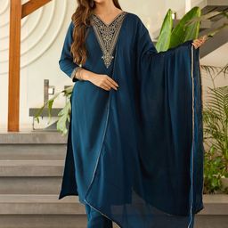 Navlik Floral Embroidered V-Neck Thread Work Straight Kurta With Trousers And Dupatta-image-58