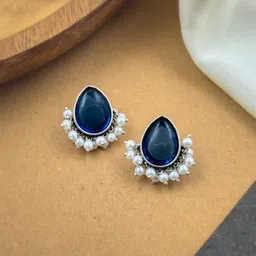 NAMAN ARTS Silver-Plated Artificial Stones Studded & Beaded Teardrop Shaped Oxidised Studs-1