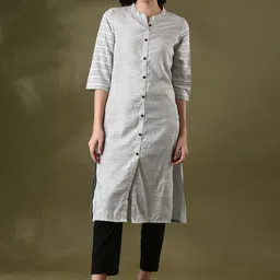 Anouk White Striped Mandarin Collar Pure Cotton Straight Kurta-picture-38