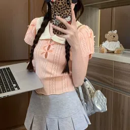 KPOP Women Self Design Above the Keyboard Collar Short Sleeves Top-image-92