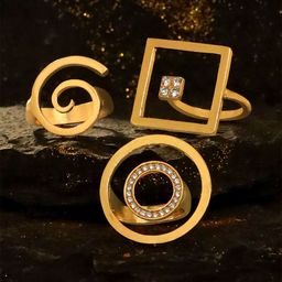 Yellow Chimes Set Of 3 Gold Plated Stone Studded Statement Style Finger Rings-10
