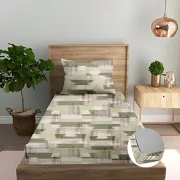 Trance Home Linen Green & Beige Geometric 180 TC Single Bedsheet with 1 Pillow Covers-image-45