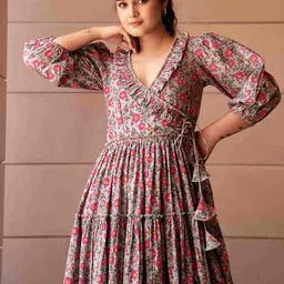 Pomcha Women Floral Printed Ruffled Cotton Maxi Dress-picture-5