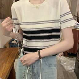 KPOP Women Round Neck Short Sleeves Horizontal Stripes Top-image-38