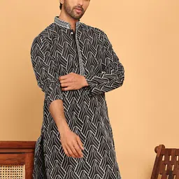 Jompers Geometric Embroidered Mandarin Collar Thread Work Straight Kurtas-image-50