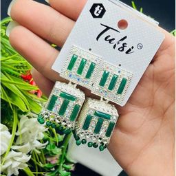 tulsi imitation Silver-Plated Stones Studded & Beaded Square Shaped Jhumkas-33