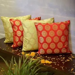 RoyalDeco Mandala Red & Beige 4 Pieces Ethnic Motifs Brocade Silk Square Cushion Covers-image-43